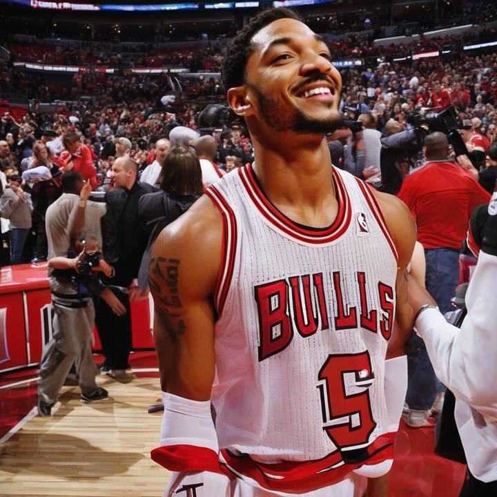 Derrick Rose in Bulls jersey, holding basketball, smiling at ceremony.