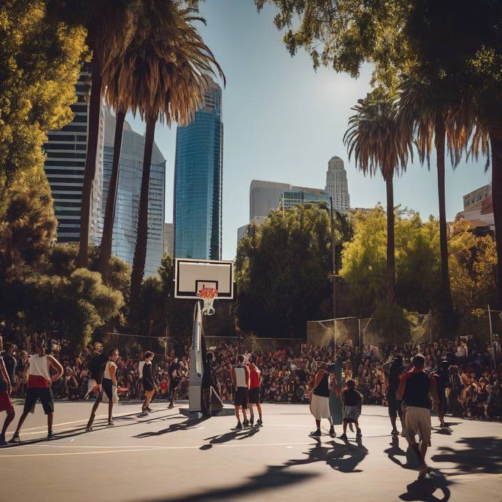 Los Angeles Olympic hoops being installed before opening ceremony.