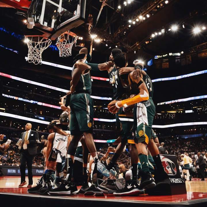 NBA players in action on the basketball court during a game.