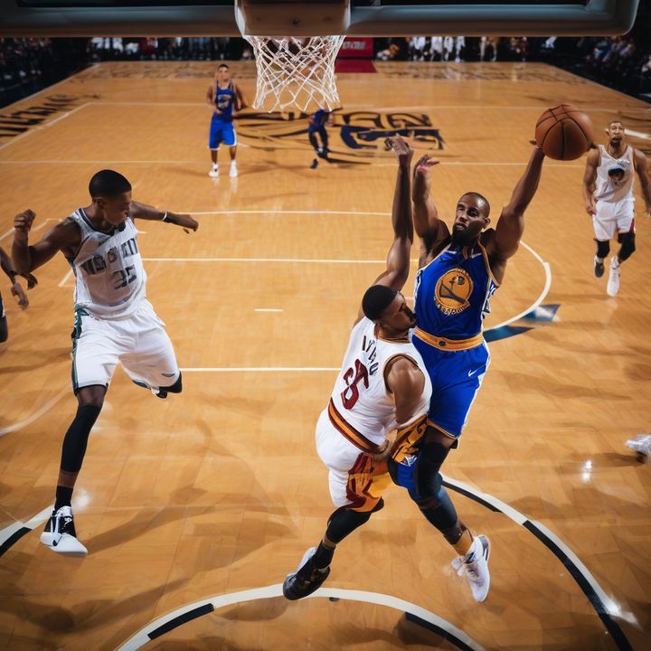 NBA players in action on the basketball court during a game.